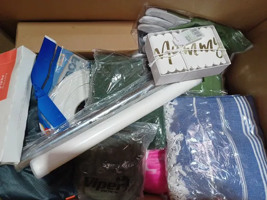 BOX OF APPROXIMATELY 20 ASSORTED HOUSEHOLD ITEMS TO INCLUDE DMC COTTON BALLS, OREGON 539169 SAFETY GOGGLES, FOAM WEATHER STRIP, ETC