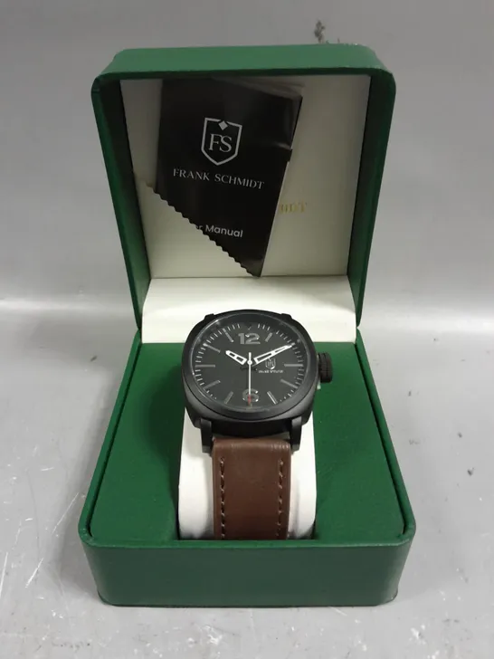 MENS FRANK SCHMIDT WATCH – LARGE BLACK CASE – BLACK PILOT DIAL – BROWN STRAP – 3ATM WATER RESISTANT