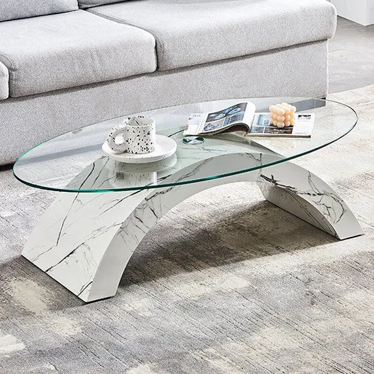 BOXED FIF OPEL GLASS COFFEE TABLE OVAL IN CLEAR AND GLOSSY OAK MARBLE FINISH (INCOMPLETE, 1 BOX OF 2)