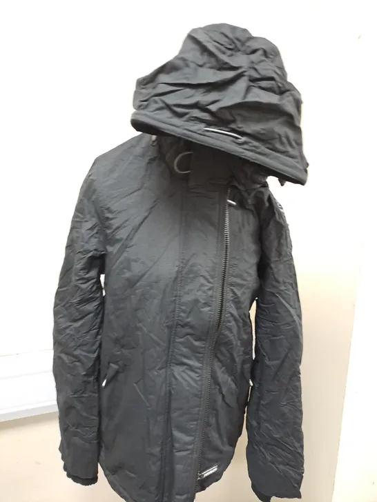 BLACK SUPERDRY HOODIED COAT SIZE L