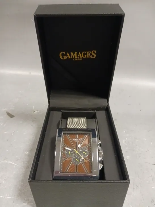 GAMAGES EXCLUSIVE BROWN DIAL STAINLESS STEEL CASE WATCH 