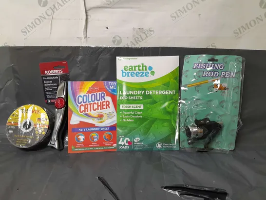 BOX OF APPROXIMATELY 14 ASSORTED ITEMS TO INCLUDE - FISHING ROD PEN , EARTH BREEZE LAUNDRY DETERGENT FRESH SCENT , COLOUR CATCHER ETC