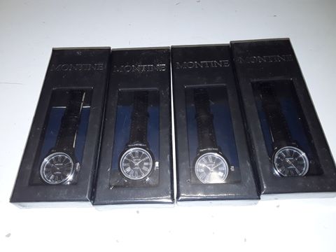 LOT OF 4 SEALED MONTAINE BLACK DIAL WATCHES WITH LEATHER STRAP