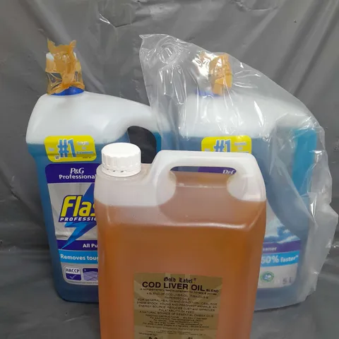 TOTE OF 3 ASSORTED CLEANING TUBS TOO INCLUDE FLASH ALL PURPOSE CLEANER AND COD LIVER OIL - COLLECTION ONLY 