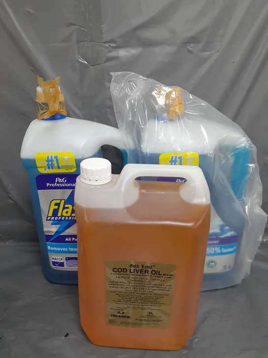 TOTE OF 3 ASSORTED CLEANING TUBS TOO INCLUDE FLASH ALL PURPOSE CLEANER AND COD LIVER OIL - COLLECTION ONLY 