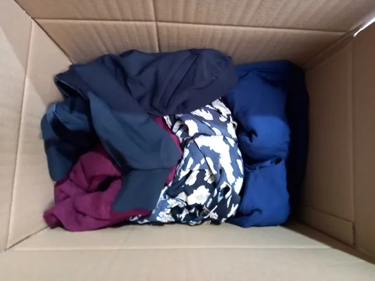 BOX OF APPROXIMATELY 10 ASSORTED ITEMS OF CLOTHING IN VARIOUS STYLES AND SIZES TO INCLUDE MONSOON, RUTH LANGSFORD, ETC