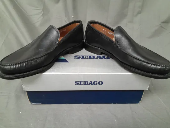 BOXED PAIR OF SEBAGO LOAFERS IN BLACK UK SIZE 8.5