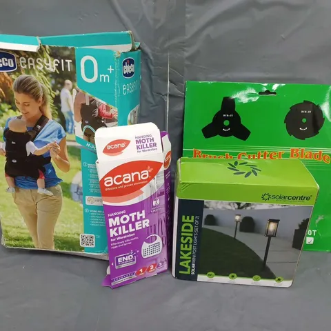 APPROXIMATELY 20 ASSORTED ITEMS TO INCLUDE CHICCO EASYFIT BABY CARRIER, SOLAR MINI POST LIGHTS, HANGING MOTH KILLER 