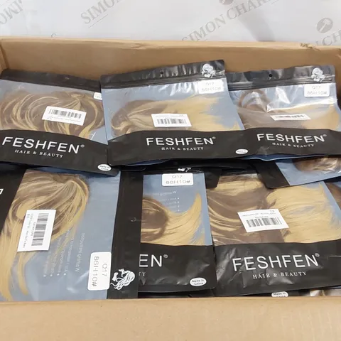 BOX CONTAINING APPROXIMATELY 200 FESHFEN BROWN/BLONDE TOUSLED UPDO HAIR PIECES