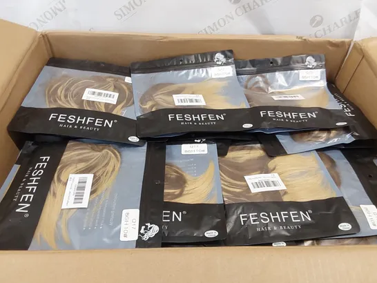 BOX CONTAINING APPROXIMATELY 200 FESHFEN BROWN/BLONDE TOUSLED UPDO HAIR PIECES