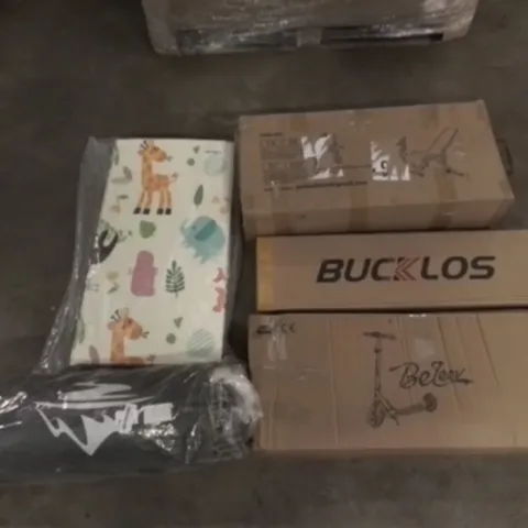 PALLET OF UNPROCESSED ITEMS TO INCLUDE BABY MAT, BELPER SCOOTER, AND ADJUSTABLE BENCH