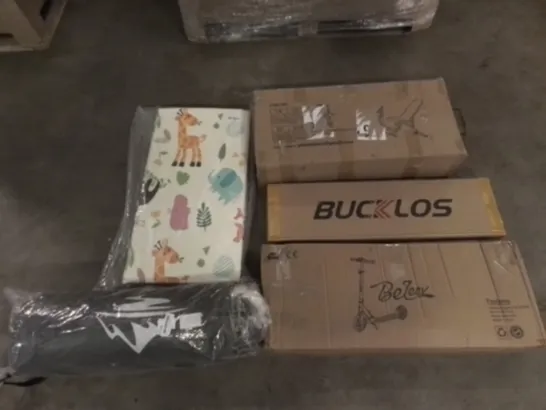 PALLET OF UNPROCESSED ITEMS TO INCLUDE BABY MAT, BELPER SCOOTER, AND ADJUSTABLE BENCH