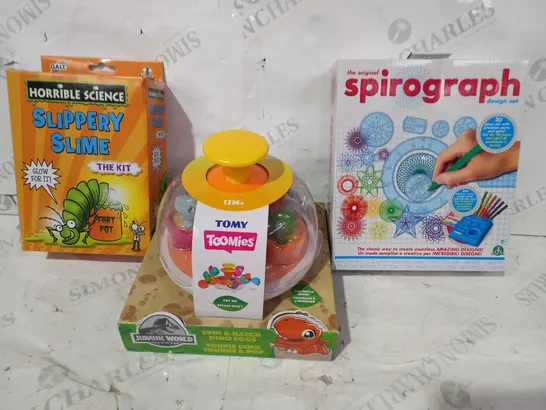 BOX OF APPROXIMATELY 20 ASSORTED TOYS AND GAMES TO INCLUDE SPIROGRAPH, TOMY JURASSIC WORLD SPIN & HATCH DINO EGGS, HORRIBLE SCIENCE SLIPPERY SLIME, ETC