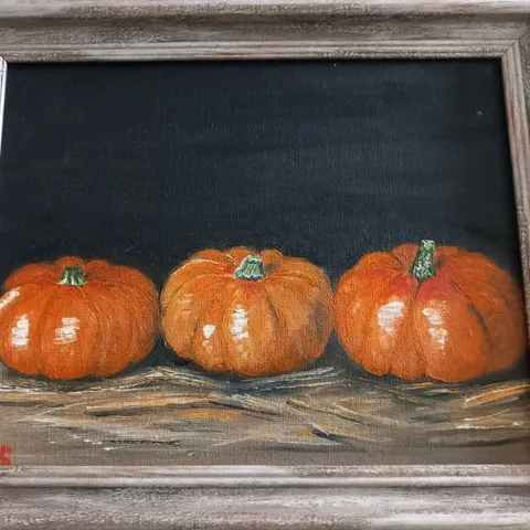 FRAMED OIL ON CANVAS SIGNED 'THREE PUMPKINS' 