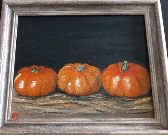 FRAMED OIL ON CANVAS SIGNED 'THREE PUMPKINS' 