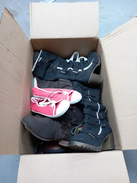 BOX OF APPROX 10 PAIRS OF ASSORTED WOMENS SHOES IN VATIOUS COLOURS, STYLES AND SIZES