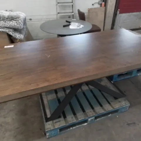 LARGE WOODEN RECTANGULAR DINING TABLE ON BLACK METAL BASE