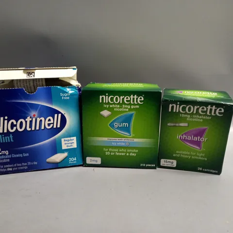 APPROXIMATELY 20 ASSORTED NICOTINE REPLACEMENT THERAPY PRODUCTS TO INCLUDE NICORETTE GUM, NICORETTE INHALATOR, NICOTINELL GUM 