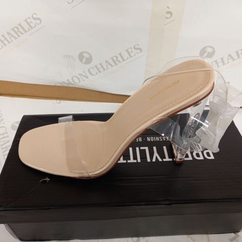 BOXED PAIR OF PRETTYLITTLETHING NUDE FLAT HEEL CLEAR STRAP SANDALS - UK 4
