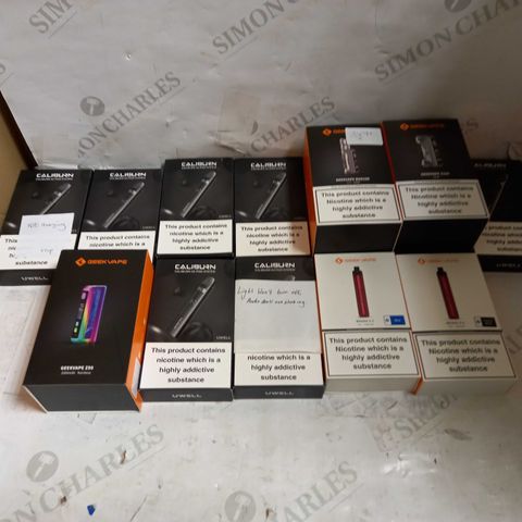 LOT OF APPROXIMATELY 20 E-CIGARATTES TO INCLUDE CALIBURN A2 POD, GEEKVAPE Z50 ETC.