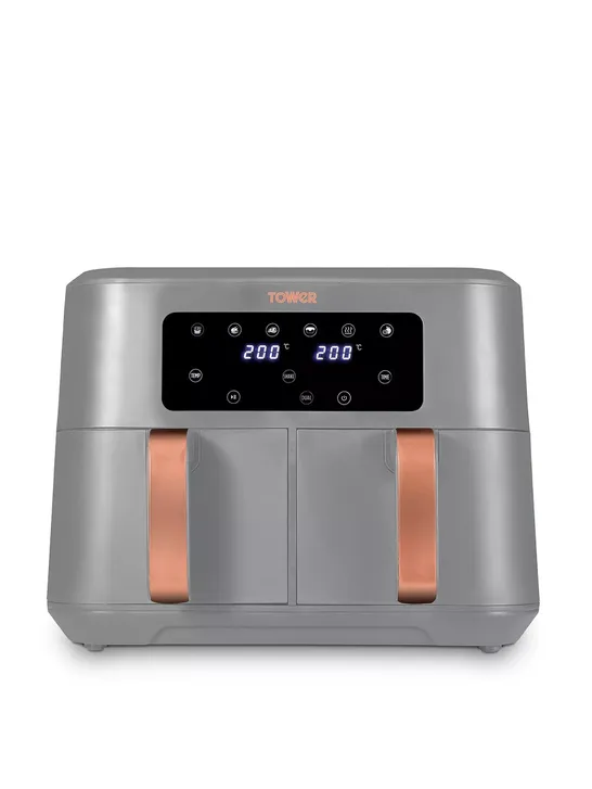 BOXED TOWER T17137GRY VORTX DUAL BASKET AIR FRYER WITH TWO 4.25L BASKETS, 2400W, GREY & ROSE GOLD RRP £139