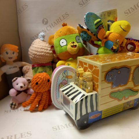 LOT OF ASSORTED TOYS TO INCLUDE MELISSA & DOUG SAFARI ANIMAL RESCUE TRUCK, LAMAZE FREDDIE THE FIREFLY, CHILDREN'S AIR AMBULANCE BLADE MASCOT, ETC.  