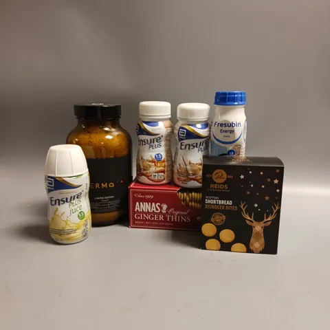 BOX OF APPROX 15 ASSORTED FOOD ITEMS TO INCLUDE - HERMOSA VANILLA WHEY PROTEIN - ENSURE PLUS JUICE IN CHOCOLATE - REIDS SHORTBREAD BITES ETC