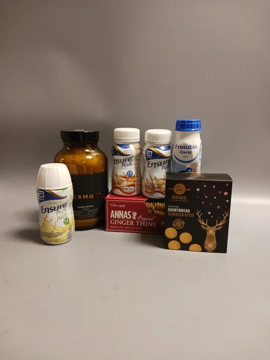 BOX OF APPROX 15 ASSORTED FOOD ITEMS TO INCLUDE - HERMOSA VANILLA WHEY PROTEIN - ENSURE PLUS JUICE IN CHOCOLATE - REIDS SHORTBREAD BITES ETC