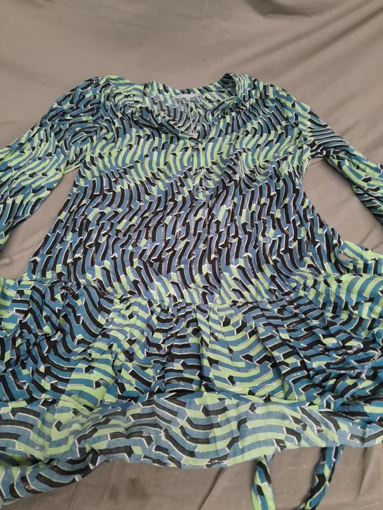 OLIVER BONAS BLUE GREEN SHIFTED GEO MINI DRESS - SIZE 12