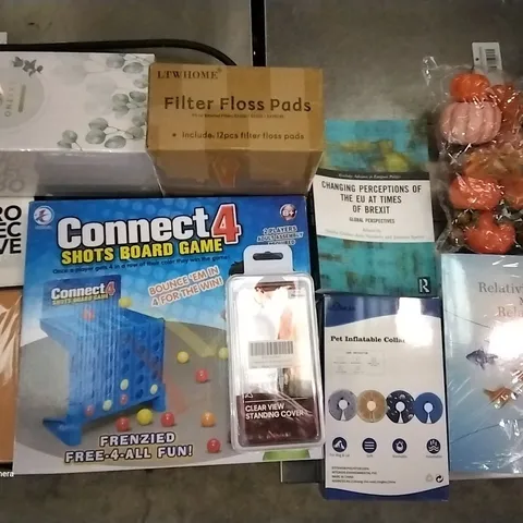 PALLET OF ASSORTED ITEMS INCLUDING FILTER FLOSS PADS, CONNECT 4 SHOTS BOARD GAME, PET INFLATABLE COLLAR, PROTECTIVE CASE, RELATIVITY MADE RELATIVELY EASY BOOK, PUMPKIN DECOR