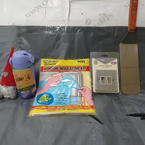 BOX OF APPROXIMATELY 12 ASSORTED ITEMS TO INCLUDE - LIGHT SWITCH , WINDOW INSULATION KIT , ION8 BOTTLE ETC