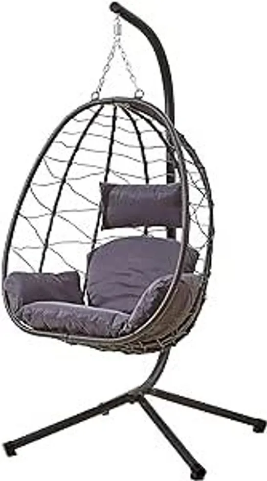 BOXED NEO RATTAN EGG CHAIR SWING GARDEN HANGING SEAT HAMMOCK WITH CUSHIONS STAND FOR OUTDOOR PATIO/INDOOR (DARK GREY) (1 BOX)