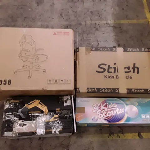 PALLET OF ASSORTED PRODUCTS INCLUDING GAMING CHAIR, KIDS BICYCLE, EXCAVATOR TOY, KIDS SCOOTER