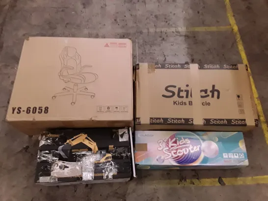 PALLET OF ASSORTED PRODUCTS INCLUDING GAMING CHAIR, KIDS BICYCLE, EXCAVATOR TOY, KIDS SCOOTER