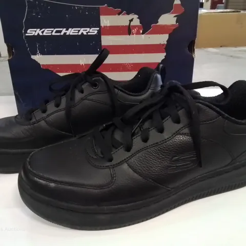 BOXED PAIR OF SKECHERS BKACK LEATHER TRAINERS - UK 7