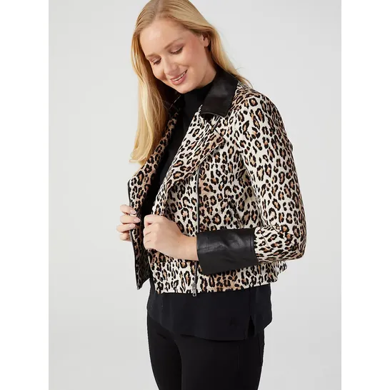 HELENE BERMAN LEOPARD PRINT BIKER JACKET WITH FAUX LEATHER CUFFS SIZE 12