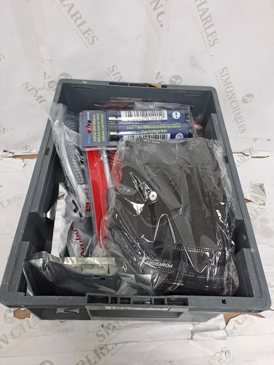 TOTE OF ASSORTED HOUSEHOLD ITEMS TOO INCLUDE GREASE GUN , LEEDA SOFT TORCH , CARBON ALARM , ETC 