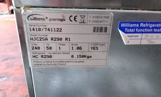 WILLIAMS HJC2SA R290 R1 COMMERCIAL UNDERCOUNTER REFRIGERATOR 