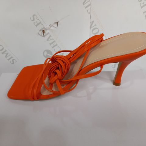 BOXED PAIR OF ORANGE SQUARE TOED STRAPPY HEELED SANDALS
