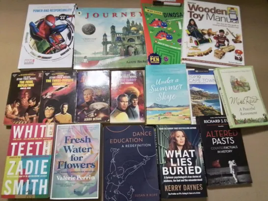 LARGE QUANTITY OF ASSORTED BOOKS TO INCLUDE RICE'S LANGUAGE OF BUILDINGS, VALERIE PERRIN FRESH WATER FOR FLOWERS and various kids books 