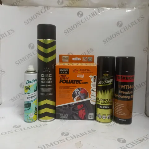 BOX OF APPROX 1 ASSORTED AEROSOLS TO INCLUDE - TUSKBOND PREMIUM SPRAY - PEATYS DISC BREAK CLEANER - BATISTE DRY SHAMPOO ECT