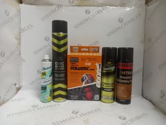 BOX OF APPROX 1 ASSORTED AEROSOLS TO INCLUDE - TUSKBOND PREMIUM SPRAY - PEATYS DISC BREAK CLEANER - BATISTE DRY SHAMPOO ECT