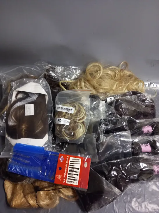 APPROXIMATELY 12 ASSORTED HAIR PRODUCTS TO INCLUDE - WIGS - EXTENSIONS - 10PCE COMB KIT - ETC 