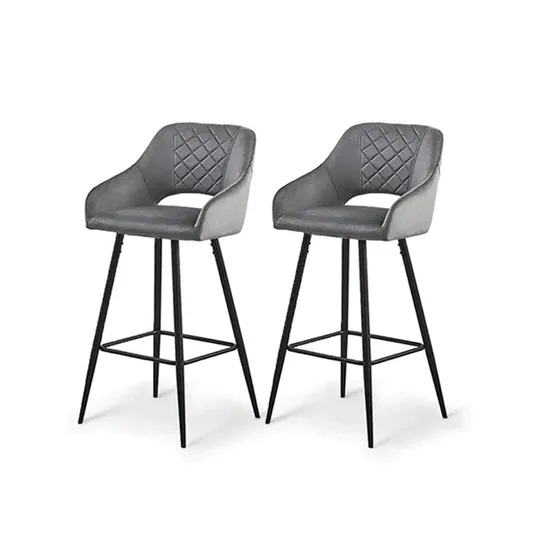 BOXED SET OF 2 DESIGNER GREY VELVET BAR CHAIRS (1 BOX)