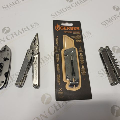 SET OF 4 ASSORTED TOOLS TO INCLUDE GERBER MULTI-TOOL, LEATHERMAN WAVE, AND STAINLESS STEEL WRENCH MULTI-TOOL
