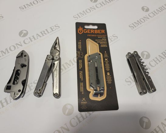 SET OF 4 ASSORTED TOOLS TO INCLUDE GERBER MULTI-TOOL, LEATHERMAN WAVE, AND STAINLESS STEEL WRENCH MULTI-TOOL