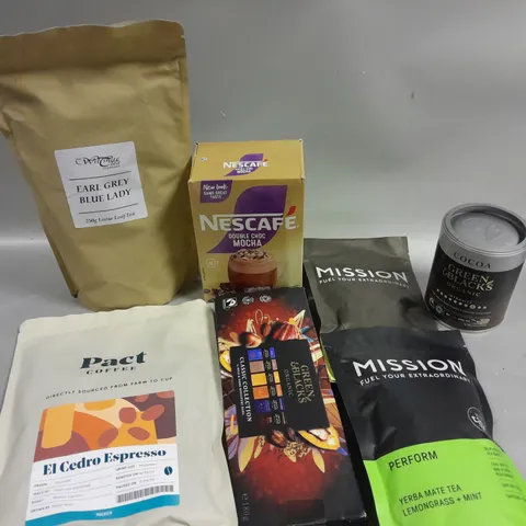 APPROXIMATELY 10 ASSORTED FOOD & DRINK PRODUCTS TO INCLUDE  MISSION TEA, PACT COFFEE, NESCAFE DOUBLE MOCHA ETC 