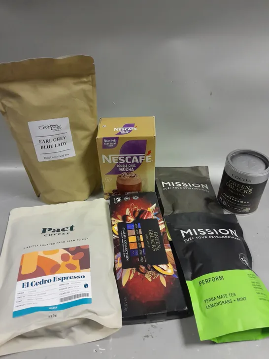 APPROXIMATELY 10 ASSORTED FOOD & DRINK PRODUCTS TO INCLUDE  MISSION TEA, PACT COFFEE, NESCAFE DOUBLE MOCHA ETC 