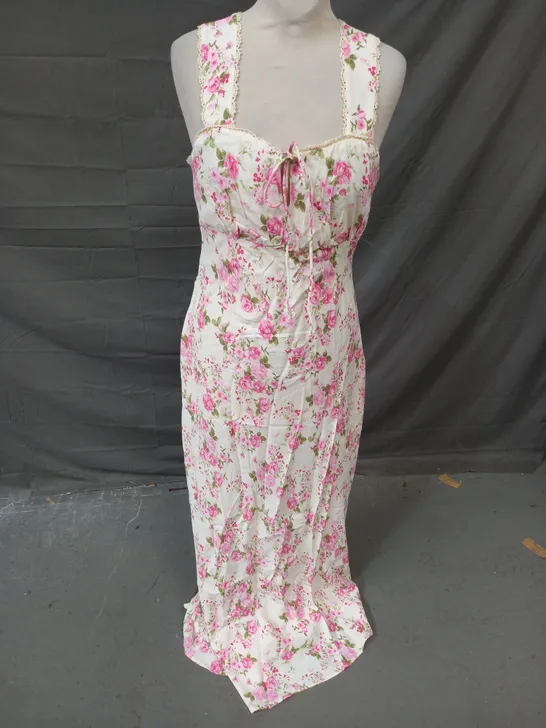 MNG SLEEVELESS TIE FRONT DRESS IN PINK/ CREAM FLORAL SIZE L