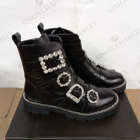 BOXED PAR OF DUNE BLACK ANKLE BOOTS WITH DIAMANTE-STUDDED BUCKLES, EU SIZE 37